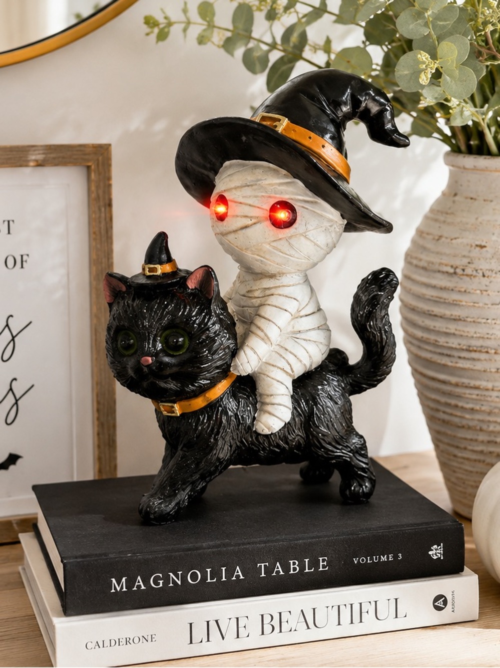 Spooky Hollow LED Mummy Witch Riding Black Cat Halloween Decor Light-Up Figurine